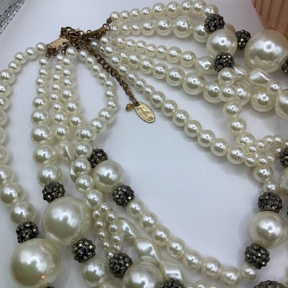 Julies B Multi Strands Faux Pearls Black Hematite Rhinestone Rondelles Necklace - Picture 7 of 8